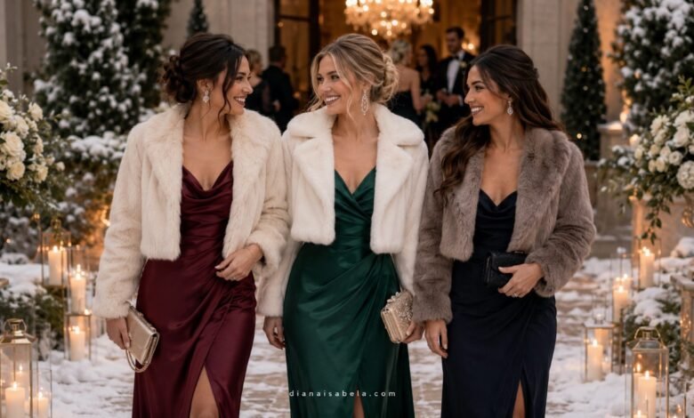 Stylish winter wedding guests in faux fur jackets over burgundy, emerald, and navy dresses at a snowy candlelit wedding venue