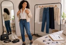 Woman styling five wardrobe pieces for a seven-day outfit rewear challenge in a bright bedroom