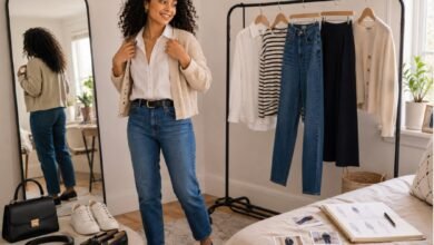Woman styling five wardrobe pieces for a seven-day outfit rewear challenge in a bright bedroom