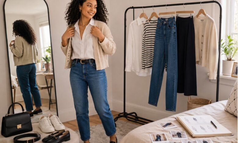 Woman styling five wardrobe pieces for a seven-day outfit rewear challenge in a bright bedroom