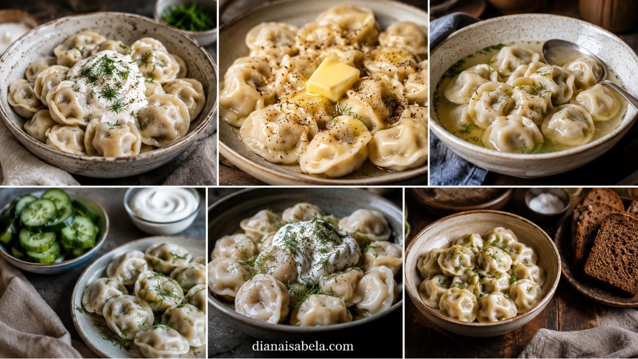 Pelmeni served with sour cream, butter, dill, broth, cucumber salad, rye bread and simple dinner sides.