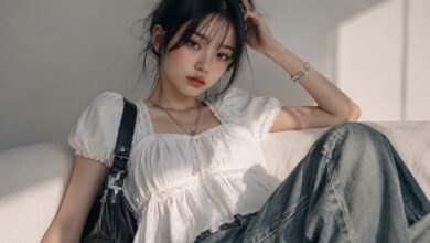 Young woman wearing a white babydoll top with faded baggy jeans, silver jewelry and a black shoulder bag in a modern Acubi-inspired outfit