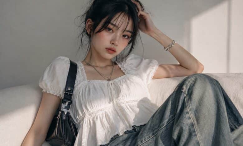 Young woman wearing a white babydoll top with faded baggy jeans, silver jewelry and a black shoulder bag in a modern Acubi-inspired outfit