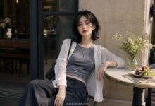 Acubi summer outfit with a fitted gray top, lightweight white layer, loose dark trousers, silver jewelry and café styling for warm days before fall.