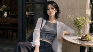 Acubi summer outfit with a fitted gray top, lightweight white layer, loose dark trousers, silver jewelry and café styling for warm days before fall.