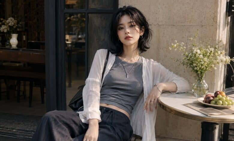 Acubi summer outfit with a fitted gray top, lightweight white layer, loose dark trousers, silver jewelry and café styling for warm days before fall.