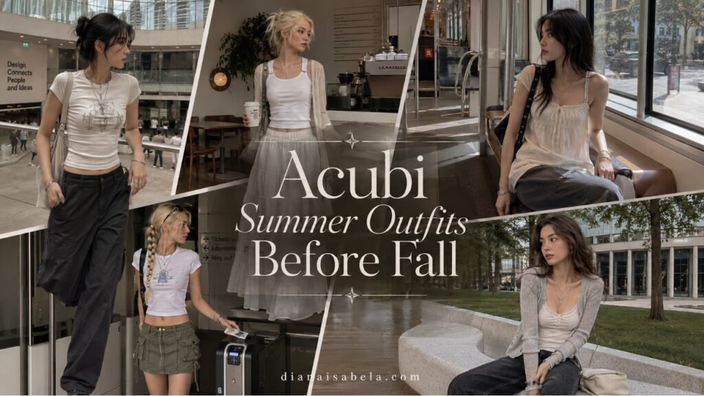 Acubi summer outfits before fall with cool-girl city styling, light layers, cargo mini skirt, loose trousers, babydoll top and silver jewelry.