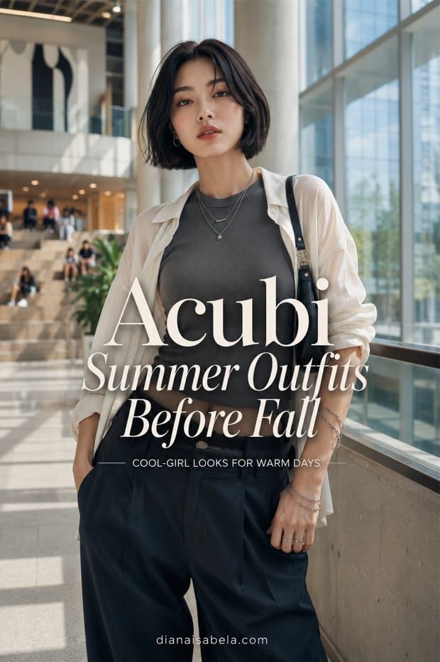 Acubi summer outfit with a charcoal fitted top, lightweight open shirt, loose dark trousers, silver layered jewelry and modern city style before fall.