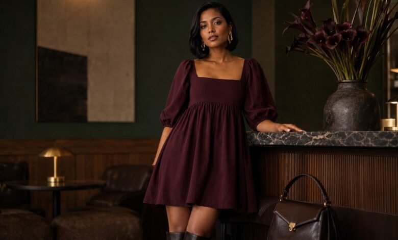 Stylish woman wearing a burgundy babydoll dress with knee-high boots and a structured leather bag in a modern lounge