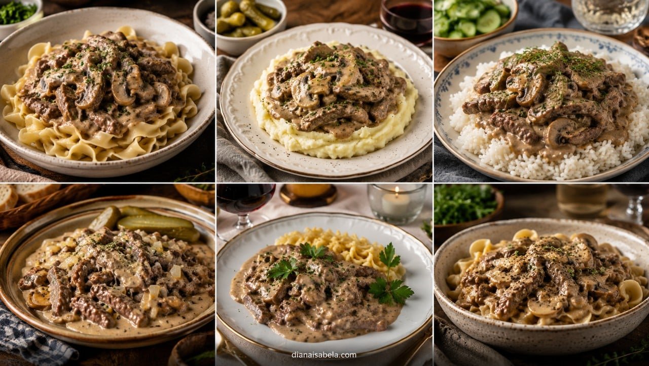 Beef Stroganoff served with egg noodles, mashed potatoes, rice, mushrooms and pickles.