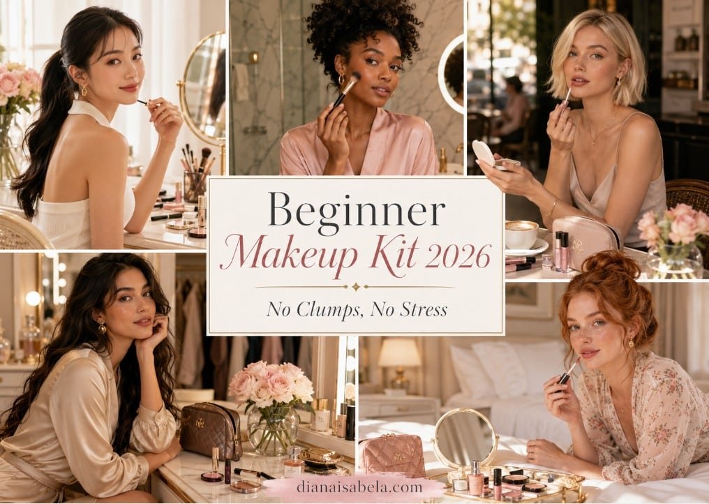 Beginner makeup kit 2026 with soft natural looks, separated lashes, blush, lip gloss, mascara and easy beauty essentials for a no-stress routine.