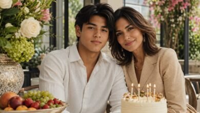 Teenage son celebrating his birthday with his mother, cake, flowers, fruit, and warm family support