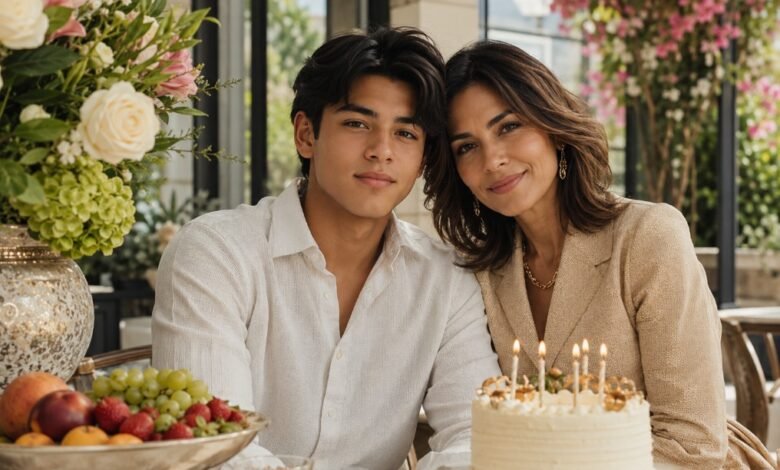 Teenage son celebrating his birthday with his mother, cake, flowers, fruit, and warm family support