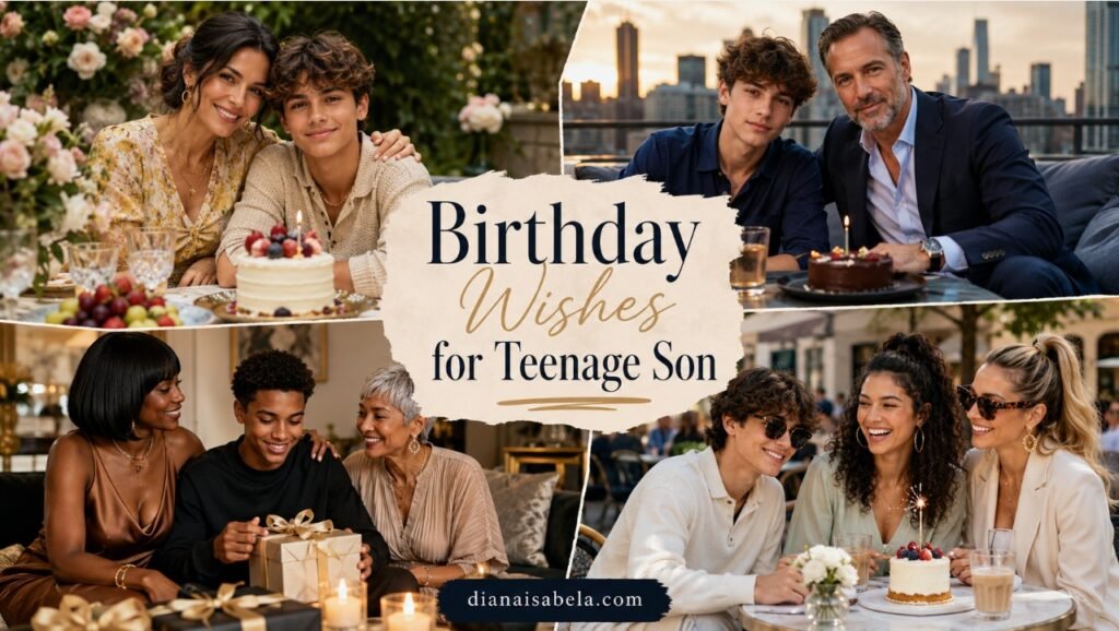 Birthday wishes for a teenage son with family celebrations, cake, gifts, flowers, supportive parents, and joyful birthday moments
