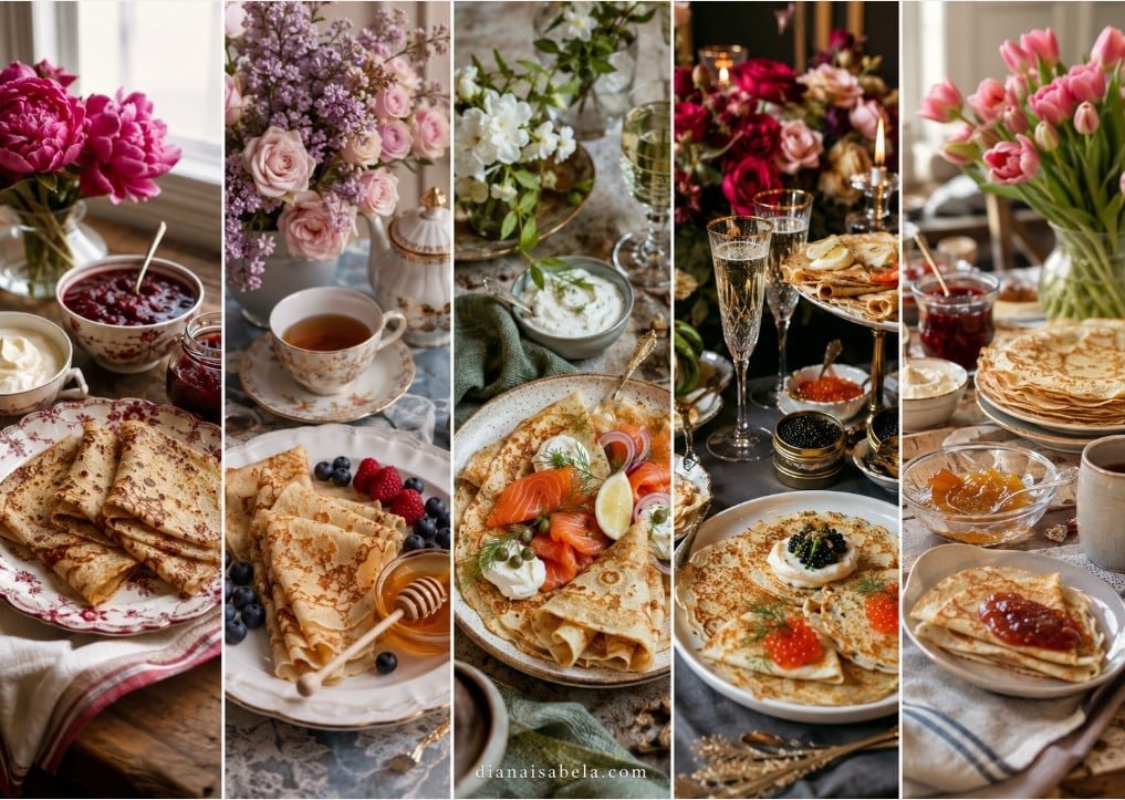 Blini served with sour cream, jam, honey, berries, smoked salmon, caviar, mushrooms and tea.