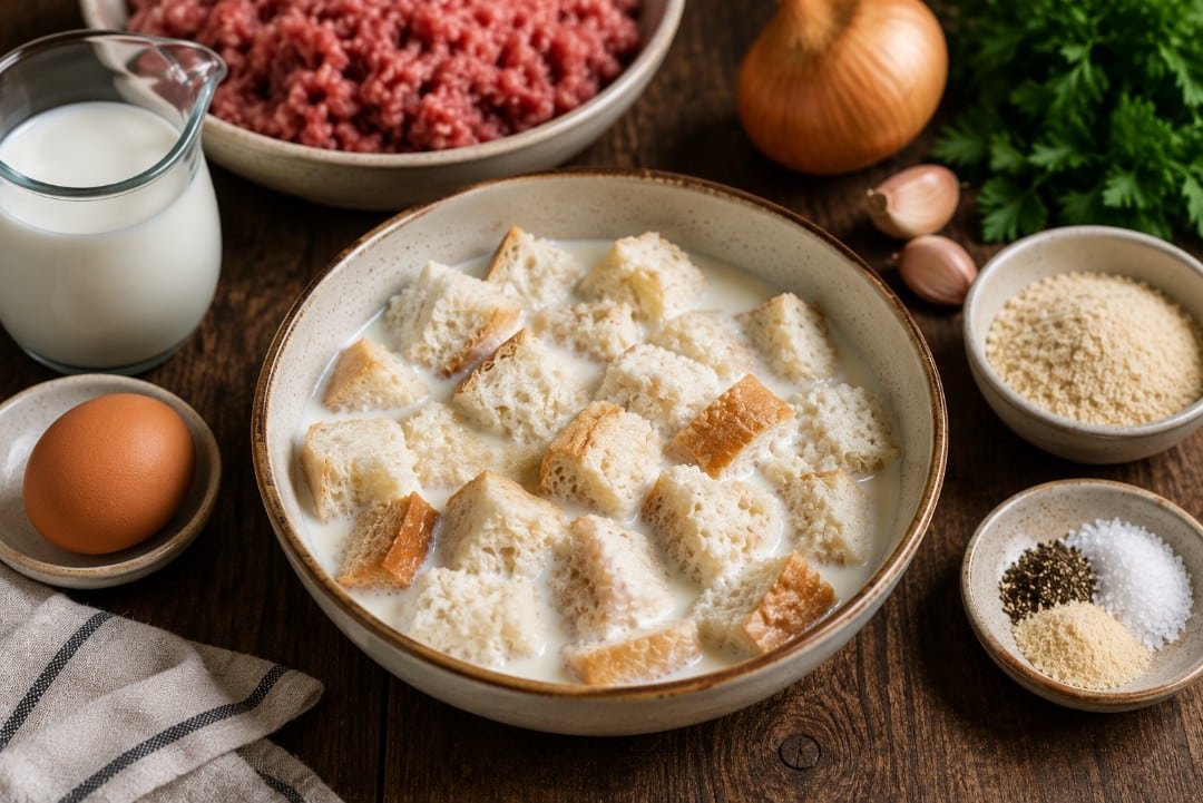 White bread soaking in milk for homemade Russian kotleti