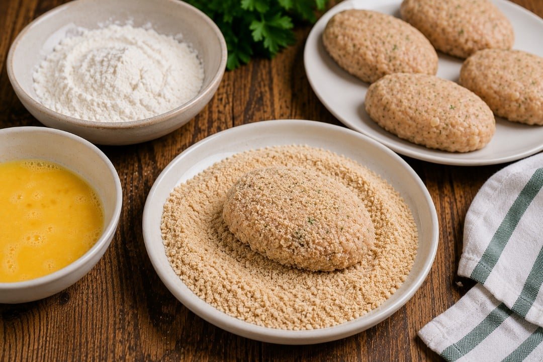 Coating shaped chicken kotleti in breadcrumbs before frying