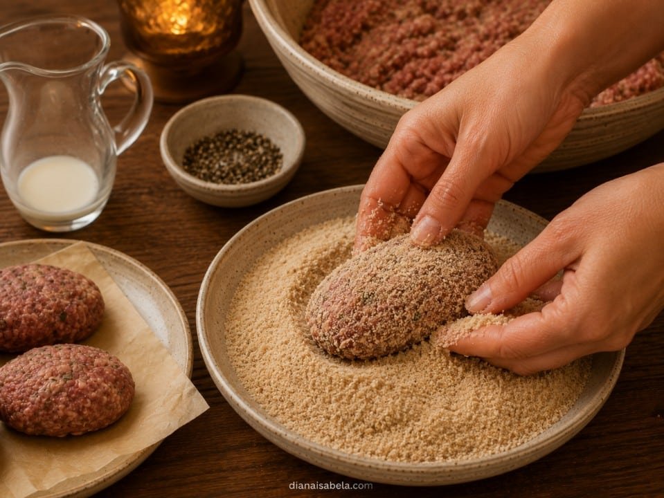 Coating oval Russian kotleti evenly in dry breadcrumbs before frying