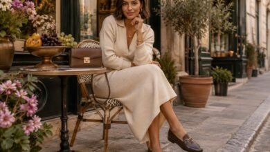 Stylish woman in a cream knit outfit wearing dark brown loafers with a matching brown handbag at a warm European café setting.