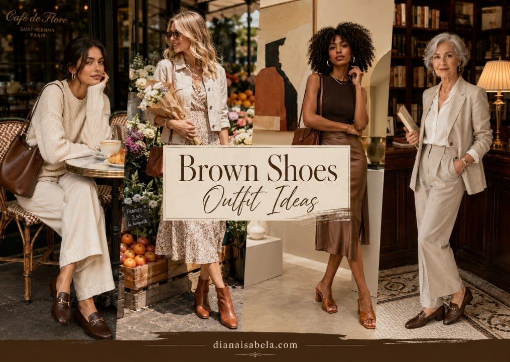 Editorial brown shoes outfit ideas collage with espresso loafers, cognac ankle boots, caramel sandals, tailored neutrals, café style, flower market fashion, and polished everyday looks.