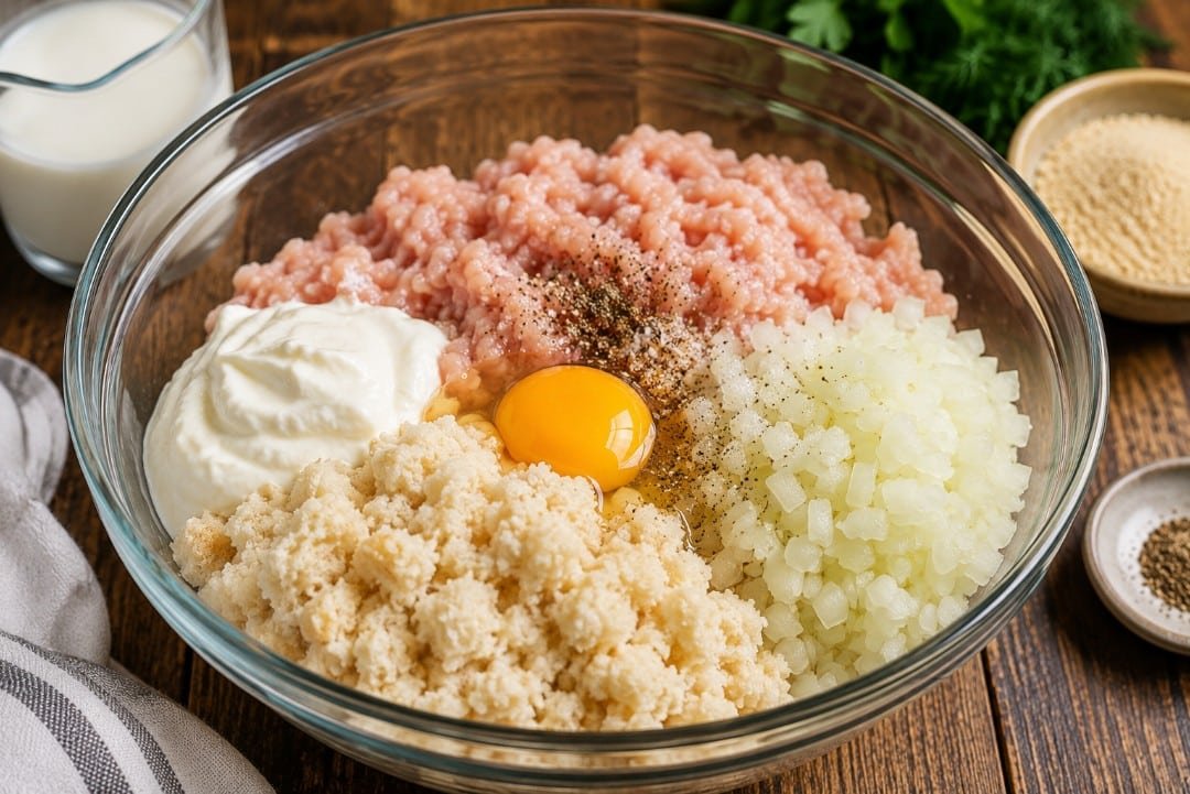 Ground chicken with softened bread, onion, egg, sour cream and seasonings before mixing