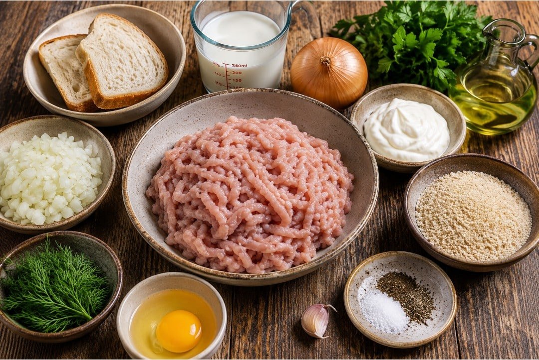 Ingredients for chicken kotleti with ground chicken, bread, milk, onion, egg, sour cream and breadcrumbs