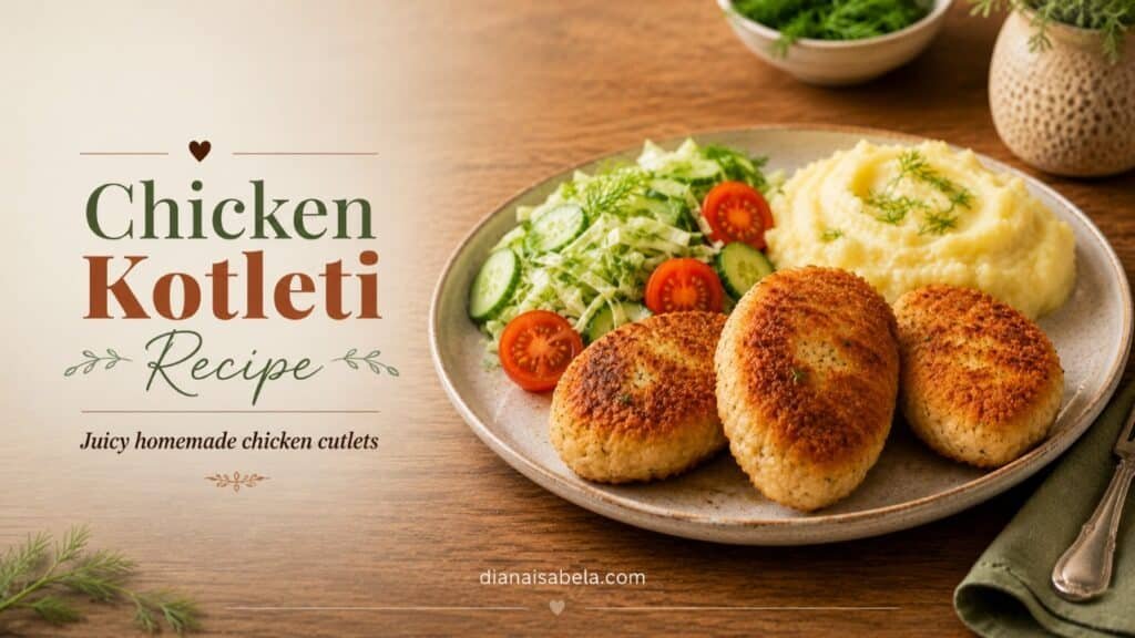 Chicken kotleti recipe with juicy homemade chicken cutlets, mashed potatoes and fresh salad