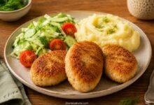 Chicken kotleti recipe with mashed potatoes and cucumber cabbage dill salad