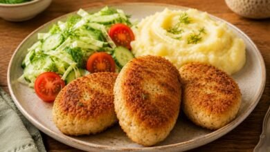 Chicken kotleti recipe with mashed potatoes and cucumber cabbage dill salad