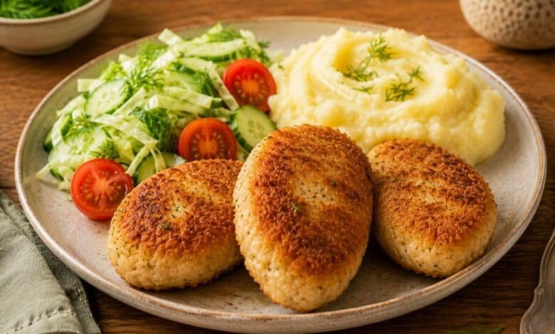 Chicken kotleti recipe with mashed potatoes and cucumber cabbage dill salad