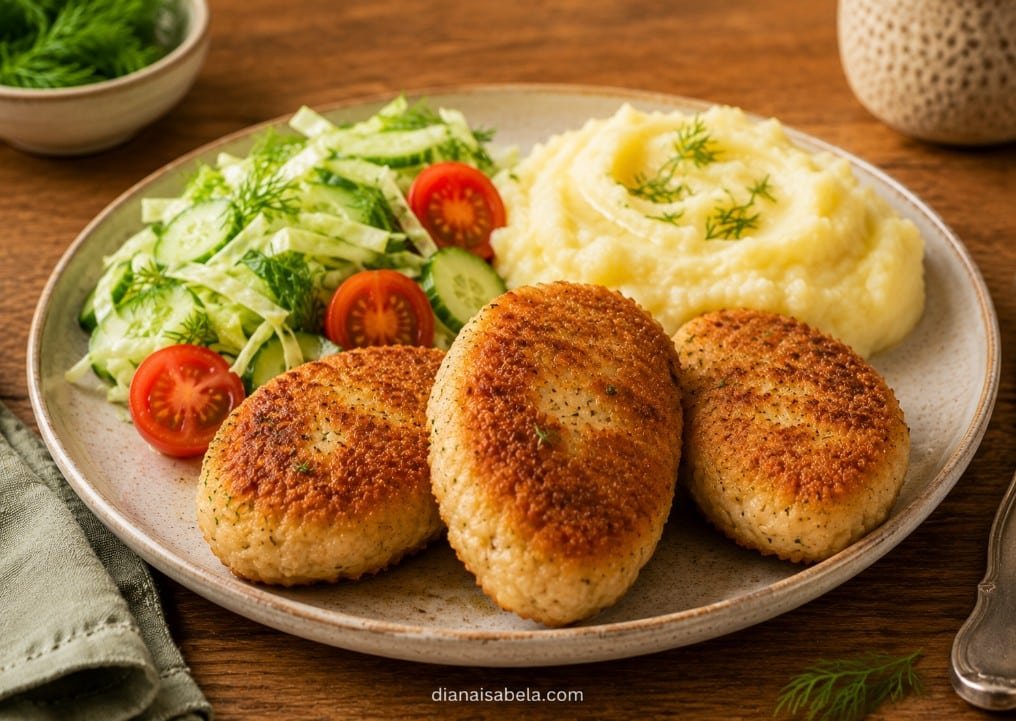 Chicken kotleti with mashed potatoes and cucumber salad