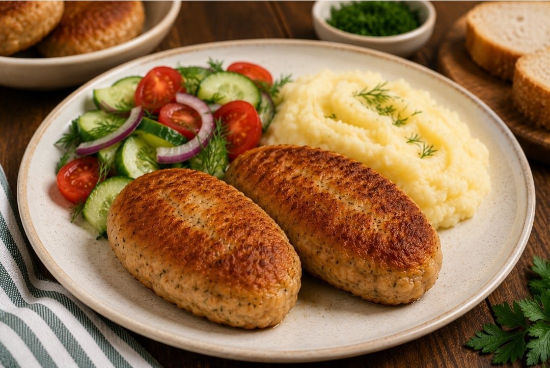 Golden chicken kotleti served with mashed potatoes and cucumber tomato dill salad