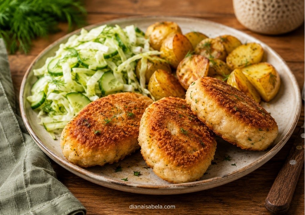 Golden chicken kotleti served with roasted potatoes and cucumber cabbage dill salad