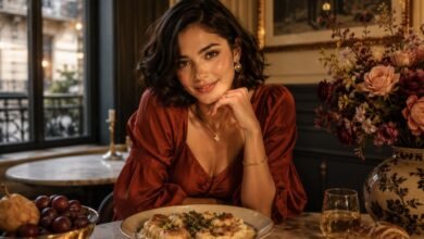 Stylish woman enjoying a cozy comfort food dinner with flowers, fruit and warm café atmosphere for Diana’s Food Diary