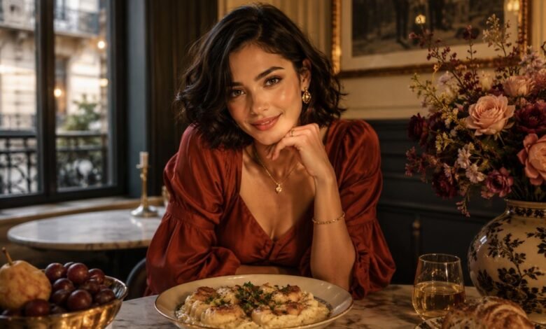 Stylish woman enjoying a cozy comfort food dinner with flowers, fruit and warm café atmosphere for Diana’s Food Diary