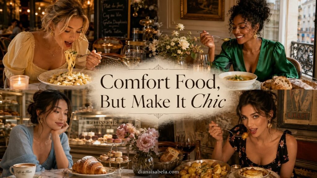 Stylish women enjoying cozy comfort food, café desserts, pasta, soup and golden potatoes in a chic food diary mood