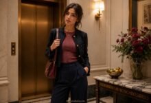 Stylish young woman in navy wide-leg trousers and a burgundy knit top standing confidently in an elegant hotel elevator lobby