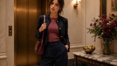 Stylish young woman in navy wide-leg trousers and a burgundy knit top standing confidently in an elegant hotel elevator lobby