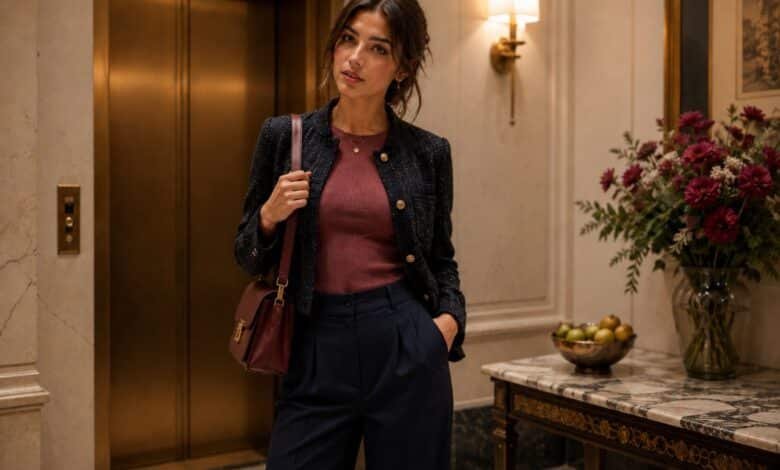Stylish young woman in navy wide-leg trousers and a burgundy knit top standing confidently in an elegant hotel elevator lobby