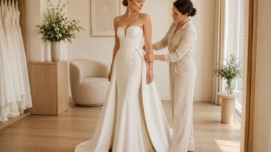 Bride in a fitted ivory wedding gown while a bridal stylist removes the overskirt in a modern boutique