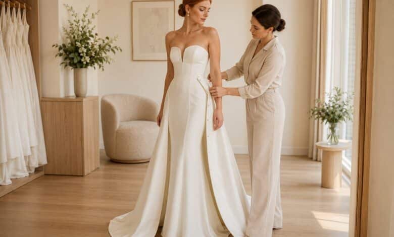 Bride in a fitted ivory wedding gown while a bridal stylist removes the overskirt in a modern boutique