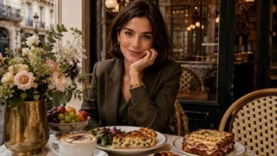 Stylish woman at a European café with quiche, croque monsieur, pastel de nata, cappuccino, fruit and flowers