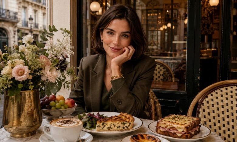 Stylish woman at a European café with quiche, croque monsieur, pastel de nata, cappuccino, fruit and flowers