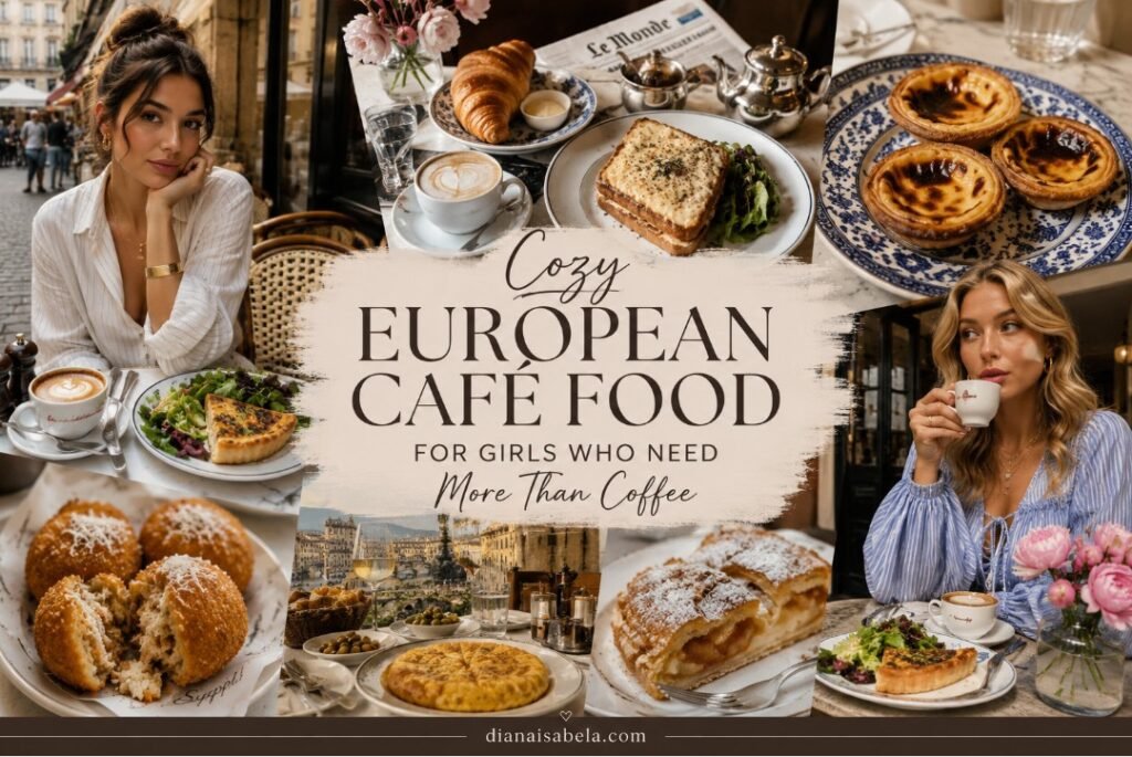 Stylish European café food scene with quiche, croque monsieur, arancini, tortilla, pastries, cappuccino and cozy city café mood