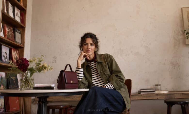 Stylish woman in an olive utility jacket, striped top and dark denim seated in an independent bookshop café for a fashion brand editorial