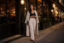 Stylish woman in her early 30s arriving for a restaurant date in tailored trousers, a black top, and a light coat.