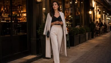Stylish woman in her early 30s arriving for a restaurant date in tailored trousers, a black top, and a light coat.
