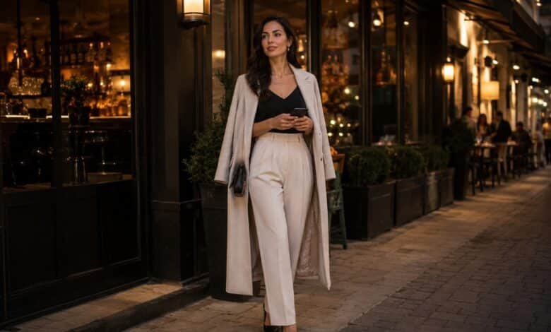 Stylish woman in her early 30s arriving for a restaurant date in tailored trousers, a black top, and a light coat.