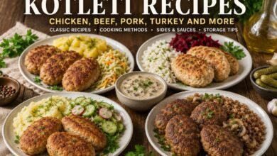Different kotleti recipes served with potatoes, rice, buckwheat, salads and mushroom sauce