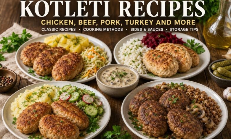 Different kotleti recipes served with potatoes, rice, buckwheat, salads and mushroom sauce